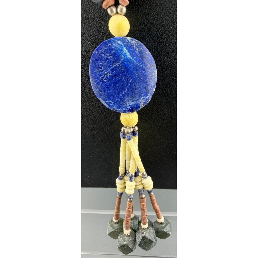 Vintage Artisan Necklace Lapis Lazuli Mixed Stone Tribal Heishi Tassel 18"+ 3"